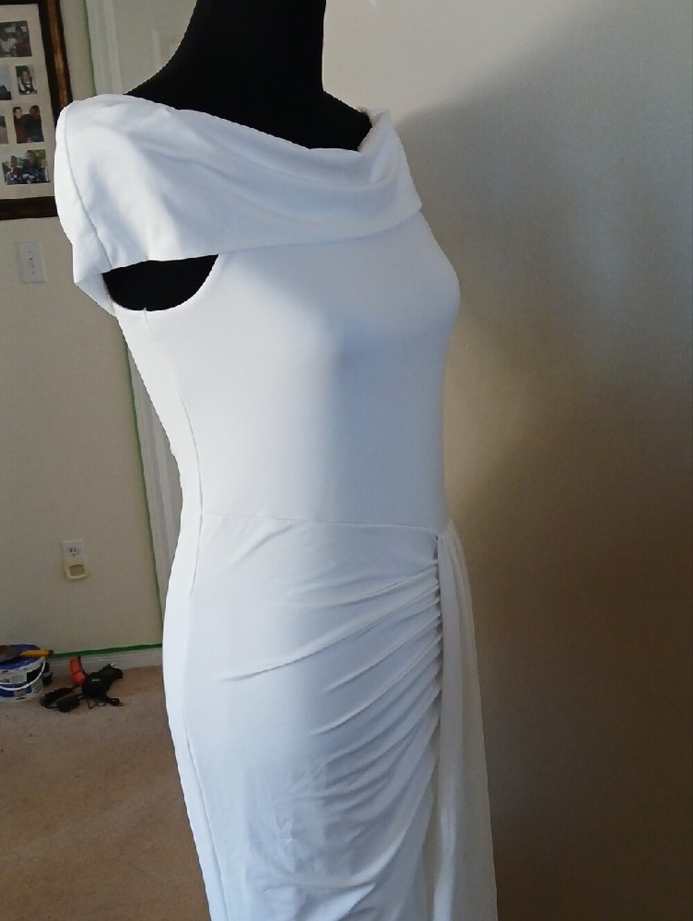 Off-Shoulder White Ruched Maxi Dress - Picture 3 of 13